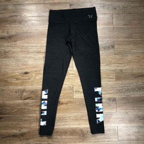 PINK Victoria's Secret Pants - Victorias Secret PINK Womans Small Yoga Leggings Black Floral Silver Dog Logo